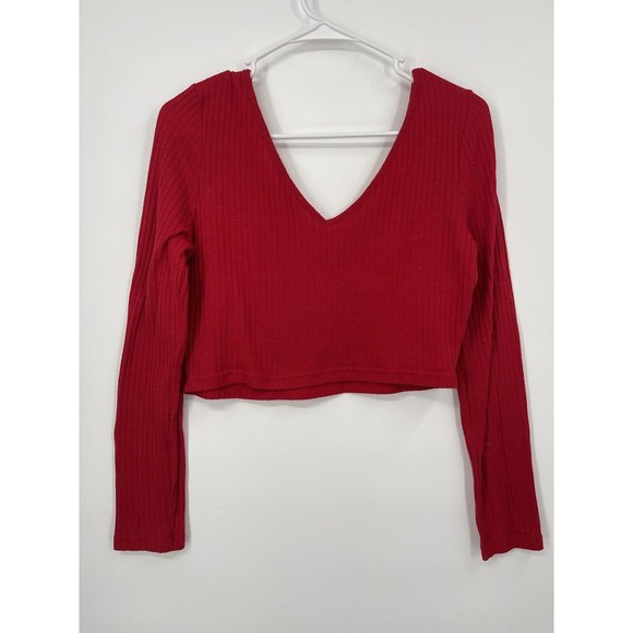 SHEIN - Ribbed Long Sleeve Crop Top V Neck‎ Red - Size XL - Picture 1 of 5